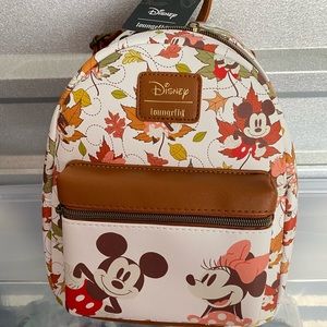 NWT Mickey and Minnie Mouse Fall Autumn Leaves Loungefly Mini Backpack Bag